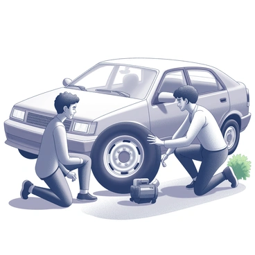 A flat tire on a car parked on the side of a road. Two friends are kneeling beside the tire, working together to change it. One friend is holding a jack, while the other is removing the bolts with a wrench. Both friends are smiling, showcasing a sense of teamwork and camaraderie. The sun is shining, casting shadows on the ground, and there are green bushes in the background, adding to the scene's context.
