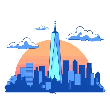 A blue city skyline with the prominent World Trade Center building towering above the surrounding structures. The World Trade Center is gleaming with reflective glass surfaces, standing tall against the backdrop of an orange sunset. Silhouettes of various skyscrapers in the distance create a unique urban horizon. Fluffy clouds scatter across the sky, illuminated by the warm hues of the setting sun.