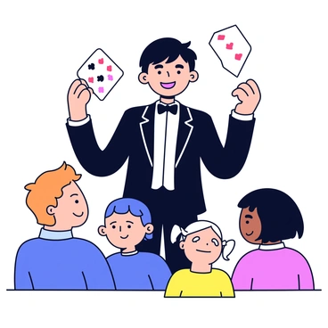 A magician wearing a black tuxedo with a white shirt and a black bow tie is flipping a playing card with a confident flourish. The playing card is mid-air, showing its design clearly. The magician has short black hair and a focused expression. In front of him is a small audience of four people, all watching intently. The audience consists of two adults and two children, with expressions of amazement on their faces. The setting is a simple stage with a dark curtain in the background.