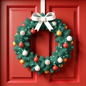 A beautifully decorated Christmas wreath hanging on a red front door