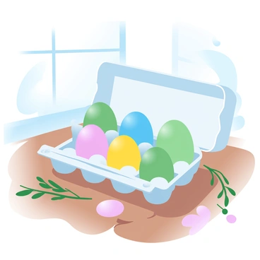 A neatly arranged egg carton is placed on a wooden kitchen table. The carton is filled with fresh, colorful eggs in shades of blue, green, pink, and yellow. Each egg is smooth and has a glossy finish. The table surface shows subtle texture and light reflections, and a few scattered herbs are placed beside the carton for added detail. Natural light from a nearby window softly illuminates the scene, enhancing the vibrant colors of the eggs.