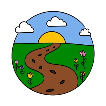 A winding dirt path leading towards a bright horizon filled with sunlight. The path is lined with colorful wildflowers in shades of yellow, purple, and pink. There are numerous footprints along the path, indicating that someone has walked this way. The sky above is a clear blue with a few fluffy white clouds, enhancing the sense of openness and warmth.