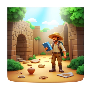 An archeologist wearing a wide-brimmed hat and rugged outdoor clothing is exploring ancient ruins. The archeologist holds a notebook in one hand and a camera in the other. Surrounding the archeologist are crumbling stone structures and overgrown vegetation, hinting at a forgotten civilization. Sunlight streams through the trees, illuminating fragments of pottery and ancient inscriptions scattered on the ground. The archeologist appears focused and intrigued, capturing the moment with the camera while jotting down observations in the notebook.