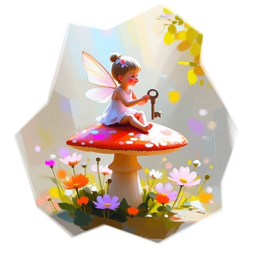 A tiny garden fairy with delicate wings and a shimmering dress is perched on a large, vibrant mushroom. The fairy has a small, joyful expression as she holds a vintage skeleton key in her tiny hands, the key glinting in the sunlight. Surrounding her are colorful flowers and lush green foliage, creating a magical garden scene. The mushroom she is sitting on is a rich red with white spots, providing a striking contrast to the fairy’s iridescent wings. A soft, dappled light filters through the leaves above, casting gentle shadows in the enchanting setting.