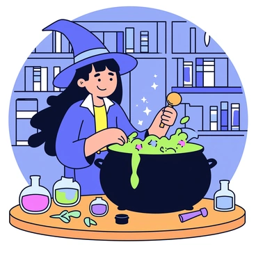 A young witch with long, flowing black hair wearing a pointed hat is standing beside a large, black cauldron. The cauldron is bubbling with vibrant, colorful potions in shades of green, blue, and purple. The witch is stirring the pot with a wooden spoon, and sparkles of magic can be seen rising from the mixture. Around her are various glass potion bottles filled with different liquids, and a few herbs and magical ingredients are scattered on the wooden table in front of her. The scene is set in a cozy, dimly lit room filled with shelves of books on magic.