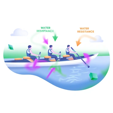 A modern pastel illustration depicting a team of rowers in a sleek boat gliding on a calm river. The rowers are in synchronized motion, each using their oars with precision. Arrows indicating the forces exerted by the oars are drawn in vibrant colors, pointing outward from each oar. Additionally, arrows illustrating water resistance are depicted flowing against the direction of the boat, highlighting the interaction between the oars and the water. The background features gentle ripples in the water and soft greenery lining the riverbank.