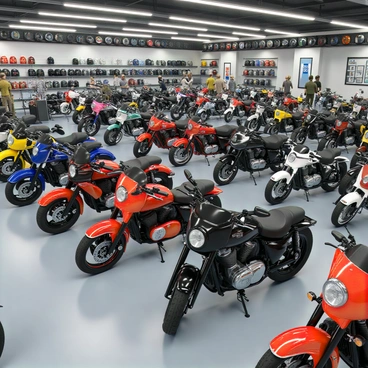 A motorcycle dealership featuring a range of motorcycle models. There are several cruisers with classic designs, showcasing chrome accents and comfortable seats. Sport bikes are prominently displayed, featuring sleek lines and bold colors. The showroom has polished concrete floors and bright lighting, enhancing the vibrant colors of the motorcycles. In the background, there are different motorcycle accessories and gear neatly arranged on shelves, including helmets and jackets. The overall atmosphere is bustling, with potential customers examining the bikes closely.