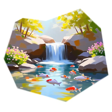 A tranquil pond located at the base of a cascading waterfall, where water flows over rocks and creates a misty spray. The pond is surrounded by lush green foliage and vibrant wildflowers. In the clear water, several colorful fish are swimming gracefully, their reflections shimmering on the surface. The sunlight filters through the leaves, casting gentle patterns on the water. The sound of the waterfall adds a soothing ambiance to the scene.