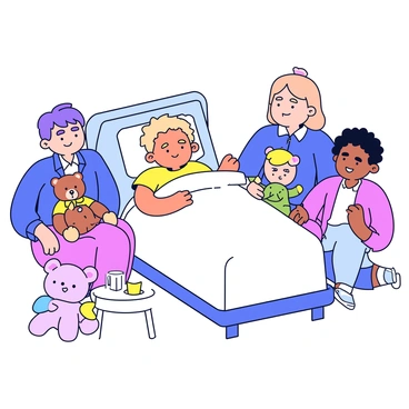 A child lying comfortably on a hospital bed with a white blanket covering them. The child has a gentle expression on their face, with a small bandage on their ear. Surrounding the bed are several soft toys, including a teddy bear, a bunny, and a colorful elephant. Family members are nearby, with one adult gently holding the child's hand and another sitting with a warm smile, creating a supportive atmosphere. A small bedside table holds a glass of water and a book.