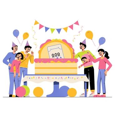 A colorful birthday party scene featuring a large round cake decorated with bright frosting and colorful sprinkles. The cake is placed on a festive table adorned with balloons and streamers in various shades of blue, pink, and yellow. The top of the cake is partially sliced, revealing a hidden lottery ticket inside, partially sticking out, surrounded by layers of cake. A group of excited children and adults are gathered around the table, smiling and pointing at the cake, with one child wide-eyed in surprise. In the background, there are colorful party hats and a "Happy Birthday" banner hanging.