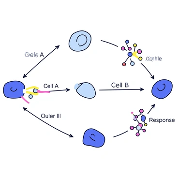 A visual pathway illustrating the communication process of cells through signals. The pathway features individual cells depicted as simple geometric shapes. Each cell is connected by arrows showing the direction of signal transmission. Some cells are emitting colorful signal molecules represented by small circles, which travel along the pathways to neighboring cells. The background is a plain color to enhance clarity and focus on the cellular interactions. The labels "Cell A," "Signal," "Cell B," and "Response" are clearly marked along the pathway to indicate the steps of the communication process.