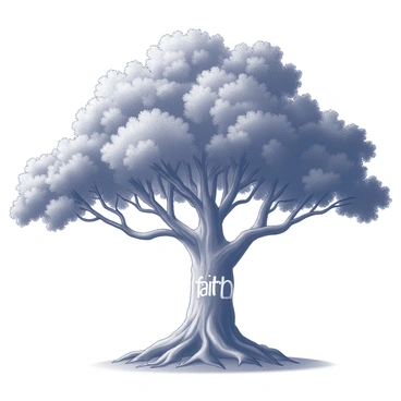 A large tree with a thick trunk, showcasing deep roots that spread out visibly from the base. Its wide branches stretch out expansively, providing ample shade and shelter. The leaves are dense, creating a rich canopy above. The entire tree stands firmly in a natural setting, symbolizing strength and stability. A subtle, engraved inscription on the trunk reads "faith," integrating the theme into the tree's presence.