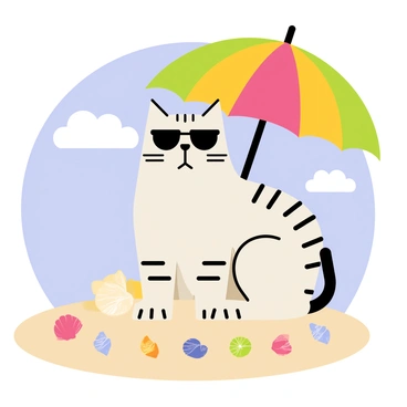 A cartoon-style illustration of a cat wearing dark sunglasses, sitting comfortably under a large, colorful beach umbrella. The cat has soft fur with distinctive stripes and is relaxed, with its paws stretched out in front. Surrounding the cat is a collection of various seashells in different colors and sizes, scattered on the sandy beach. In the background, there is a bright blue sky with a few fluffy white clouds.