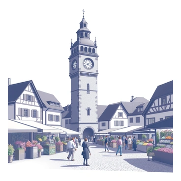 A historic clock tower stands prominently in the center of a bustling market square in Alsace. The clock tower features intricate stone carvings and a large clock face, displaying Roman numerals. Surrounding the tower, various market stalls are filled with an array of goods, including fresh produce, handmade crafts, and colorful flowers. People of diverse backgrounds are seen shopping and engaging in conversation. Cobblestone pathways wind through the square, leading to charming buildings with steep roofs and wooden beams, completing the lively atmosphere of the market.