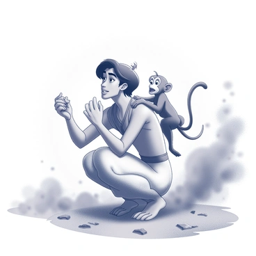Aladdin and Abu are depicted in a dramatic scene amid a swirling sandstorm. Aladdin is shown with a determined expression, his dark hair and traditional attire being whipped around by the fierce winds. He is crouched low, shielding his eyes from the blowing sand, while his hands are raised defensively. Abu, the monkey, clings tightly to Aladdin’s shoulder, clearly anxious, with his fur being ruffled by the gusts. In the background, swirling clouds of sand create a chaotic atmosphere, obscuring the landscape. The ground is uneven, dotted with scattered rocks and debris, hinting at the harsh desert environment.