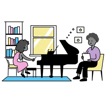 Langston Hughes, a Black man with short hair, is seated in a comfortable chair, holding a notebook and a pen. He is looking thoughtfully at a grand piano positioned nearby. The pianist, a woman with long curly hair, is playing softly at the piano. She is wearing a red dress. The living room is warmly lit, with bookshelves lining the walls and a small coffee table in front of Hughes. A window reveals soft, natural light coming in, creating a cozy atmosphere. The rug on the floor adds texture to the scene, and a few framed pictures hang on the walls.
