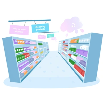 A grocery store aisle filled with shelves stocked with various food items. Colorful signage is hanging from the ceiling, displaying messages about "choosing products wisely" and "reducing waste." The shelves are organized with canned goods, fresh produce, and packaged items, all neatly arranged. A recycling symbol is illustrated prominently on one of the signs. The flooring has a subtle pattern that complements the vibrant colors of the products on the shelves.
