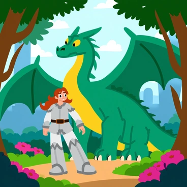 A brave heroine with long flowing hair and a determined expression stands in a mystical forest clearing. She is wearing shining silver armor that reflects the dappled sunlight filtering through the leaves. In front of her, a large, fierce dragon with emerald green scales and glowing yellow eyes towers. The dragon has large, outstretched wings and sharp claws, presenting a powerful demeanor. Surrounding them are lush, vibrant trees with twisting branches and brightly colored flowers, creating a magical atmosphere in the forest. Sunlight streams through the canopy, illuminating the clearing with a warm glow.