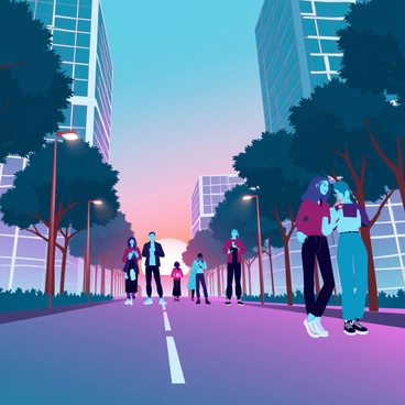 A wide boulevard at dusk, with a gradient of deep blue and orange hues in the sky as the sun sets. Several people are leisurely strolling along the sidewalk, some engaged in conversation while others are absorbed in their mobile devices. Streetlights line the boulevard, casting warm, inviting light onto the pathway and illuminating the faces of passersby. Trees with lush green leaves are planted along the sides, their silhouettes gently swaying in the evening breeze. In the background, modern buildings with glass facades reflect the dusk light, creating a vibrant urban atmosphere.