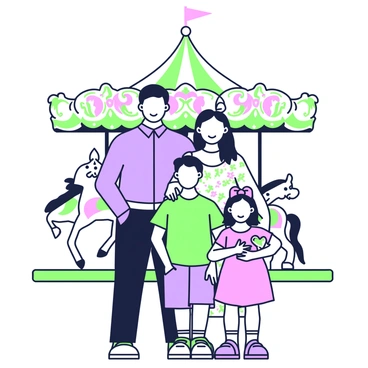 A family is posing for a portrait in front of a vintage carousel. The family consists of four members: a father, a mother, a son, and a daughter. The father is standing on the left, wearing a light blue shirt and black trousers, with his arm around the mother's shoulder. The mother is on the right, dressed in a floral dress, with her hair styled elegantly. The son, wearing a green t-shirt and denim shorts, is standing in front of them with a wide smile, while the daughter, in a pink dress with bows in her hair, stands beside him, holding a small toy. The vintage carousel in the background features colorful horses and ornate decorations, with vibrant lights twinkling, adding a whimsical touch to the scene. The composition focuses on the family's joyful expressions, with the carousel creating a nostalgic atmosphere.