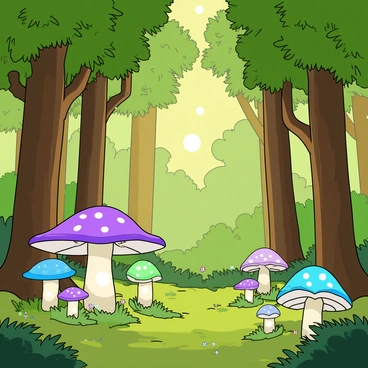A lush forest filled with tall, leafy trees that have vibrant green foliage. The ground is dotted with various sizes of glowing mushrooms, each emitting a soft, colorful light of blue, purple, and green. Among the trees, several floating orbs of light drift gently through the air, casting a warm glow around them. The forest floor is covered in a carpet of soft moss and small, colorful flowers, adding to the enchanting atmosphere. Sunlight filters through the branches, creating a dappled light effect that dances across the scene.