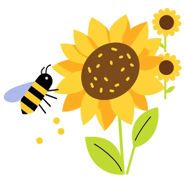 A bee with black and yellow stripes is hovering near a large, vibrant yellow sunflower. The sunflower has a dark brown center filled with seeds, surrounded by bright yellow petals that are reaching outwards. The bee is extending its legs towards the sunflower, collecting golden pollen. In the background, there are green leaves and more sunflowers, adding to the lively scene.