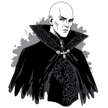 A duotone illustration features a noble figure with "pale skin" and "dark eyes," dressed in ornate gothic attire. The noble wears a richly detailed black cloak with intricate embroidery that falls elegantly around the figure. A silver brooch glistens at the shoulder, adding a touch of elegance. The background is filled with shadowy shapes, enhancing the mysterious atmosphere. The noble's expression is serious, conveying a sense of melancholy and depth.