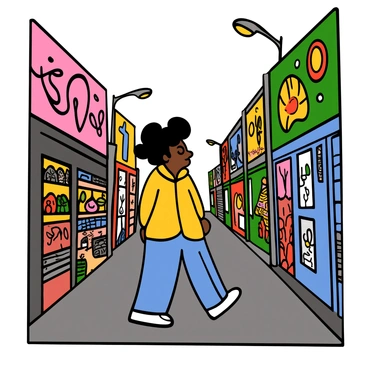 A person with medium skin tone and curly black hair walking along a bustling city street. The street is lined with eclectic shops displaying a variety of colorful merchandise, and the walls are adorned with vibrant graffiti showcasing bold designs and bright colors. The person is wearing a yellow jacket, blue jeans, and white sneakers, looking around curiously at the surroundings. Streetlamps provide warm light, adding to the lively atmosphere of the scene.