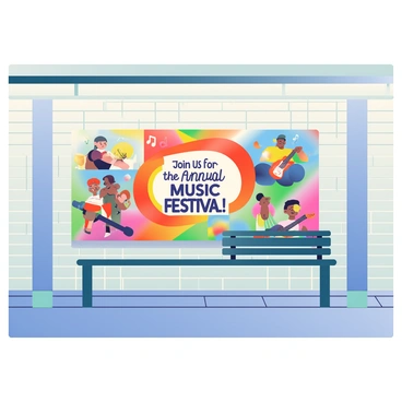A subway platform features a vibrant advertisement promoting a local music festival. The ad is large and prominently displayed on the wall, showcasing a colorful design with various music-related graphics. There are musical notes, instruments like guitars and drums, and images of diverse musicians performing on stage. The text "Join Us for the Annual Music Festival!" is bold and prominently placed at the center, surrounded by a rainbow of colors that create a lively atmosphere. In the foreground, an empty subway bench sits under the ad, and the subway tracks are visible in the background, emphasizing the urban setting.