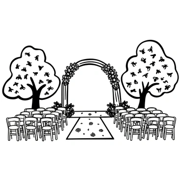 An outdoor wedding setup features an elegant arch decorated with "bluebonnets" on either side. Rows of white chairs face the arch, with "bluebonnet" centerpieces on each. A wooden aisle is lined with "bluebonnet" petals leading up to the arch. In the background, there are trees with lush foliage creating a natural setting. Soft fabric drapes gracefully from the arch, complemented by additional "bluebonnet" accents throughout the arrangement.