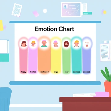 A colorful emotion chart is displayed on a classroom wall, featuring a variety of expressions that represent different feelings. The chart includes bright segments labeled with emotions such as "happy," "sad," "angry," "excited," and "confused." Each segment has a distinct color, creating a vibrant contrast against the wall. The background of the classroom is adorned with playful decorations and educational posters, enhancing the overall atmosphere.