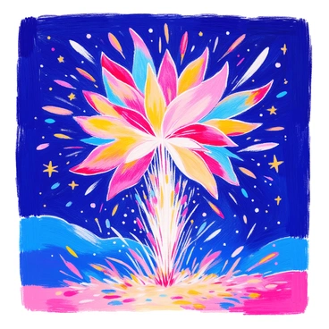 A firework shaped like a blooming flower is bursting in the night sky. The petals of the flower are vibrant colors of red, yellow, and blue, radiating outwards as they explode. Stars twinkle in the background, creating a contrast to the bright explosion. The scene captures the moment of the firework at its peak, illuminating the dark sky with colorful sparks.