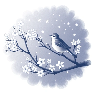 A nightingale is perched on a branch of a blooming tree. The tree is full of delicate flowers, and the nightingale has its beak open as it sings. The garden is illuminated by the light of numerous stars twinkling in the night sky. The scene conveys a sense of tranquility, with the nightingale as the focal point, surrounded by the vibrant blossoms of the tree.