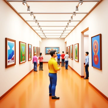 A spacious art gallery filled with framed illustrations hanging on the walls. In the foreground, a client stands with a thoughtful expression, admiring a colorful illustration. The illustrations feature various styles, including abstract designs and detailed line art. The gallery is well-lit, highlighting the vibrant colors of the artwork. The floor is polished wood, and there are small groups of people in the background discussing the art.