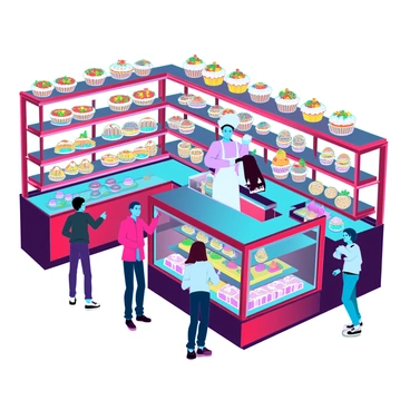 A bustling bakery with candy corn-themed pastries and sweets on display