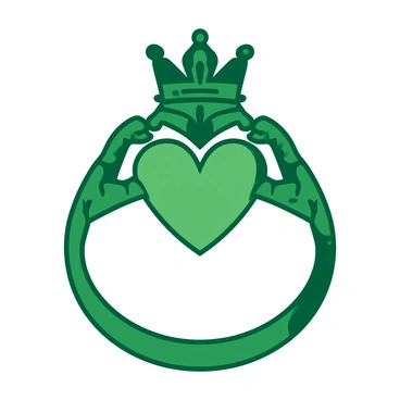 A Claddagh ring featuring a heart held by two hands and topped with a crown