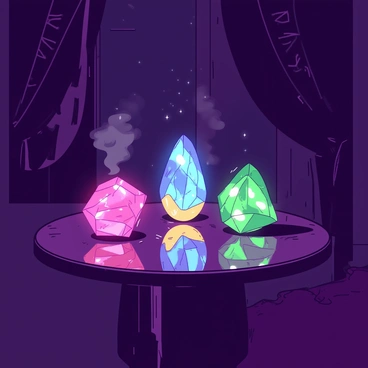 Three glowing Silmarils are placed on a polished dark wooden table, illuminating the surrounding area with vibrant light. The Silmarils are radiating with a brilliant sheen, each a different shape, showcasing intricate designs on their surfaces. The dark room is filled with soft shadows that dance in response to the colorful reflections cast by the Silmarils. The walls are adorned with rich tapestries that absorb some of the light, enhancing the contrast with the brilliance emanating from the gems. A subtle mist hovers in the air, capturing the reflections and adding a mystical aura to the scene.