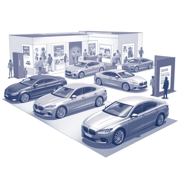 A large exhibition hall filled with shiny new cars on display. Each car features sleek designs and polished surfaces, reflecting bright lights from above. The area is crowded with visitors admiring the vehicles, some taking photographs. Booths are set up around the hall showcasing automotive accessories and promotional displays. The overall atmosphere conveys excitement and innovation in the automotive industry.