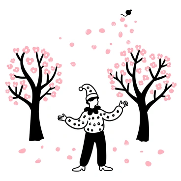 A jester in a patterned outfit is surrounded by delicate cherry blossom trees. The jester is actively catching falling petals with outstretched hands. The ground is scattered with pink and white petals, creating a soft carpet. The branches of the trees are heavy with blossoms, enhancing the whimsical scene. The jester's hat is adorned with bells, adding to the playful atmosphere.