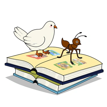 A small white dove with soft feathers and bright eyes is perched on a stack of open storybooks. The dove is looking towards a tiny brown ant with six legs and antennae, which stands on one of the pages, gesturing with its front legs as if telling a story. The storybooks are illustrated with colorful pictures and whimsical characters, some pages fluttering slightly as if caught by a light breeze. The background features a gentle light illuminating the scene, enhancing the cheerful atmosphere of this storytelling moment.