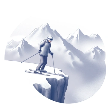 A skier is positioned at the edge of a steep cliff, poised for a descent. The skier is wearing a helmet and goggles, with ski poles in hand and snow-covered skis strapped to their feet. The snow beneath their skis is freshly powdered, creating a sharp contrast with the rugged, rocky ledge of the cliff. In the background, the mountains rise dramatically against the sky, showcasing jagged peaks and an expansive view of the winter landscape. The skier's stance is dynamic, conveying a sense of readiness and anticipation for the challenging run ahead.