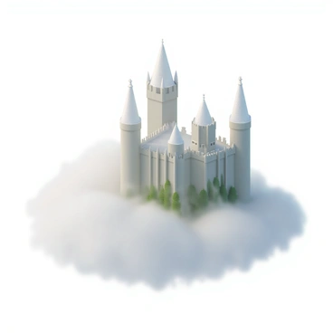A large, ethereal castle with delicate spires and intricate stonework emerges gently from a swirling mist. The castle walls are partially obscured, giving it a ghostly appearance. The mist surrounds the castle, creating a soft, hazy effect that reflects subtle light. The scene conveys an otherworldly atmosphere, with hints of greenery peeking through the cloud.