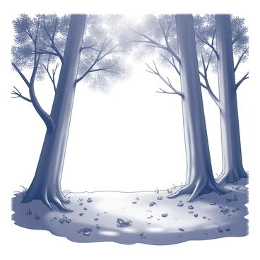 A tranquil woodland scene with tall trees and soft sunlight filtering through the leaves