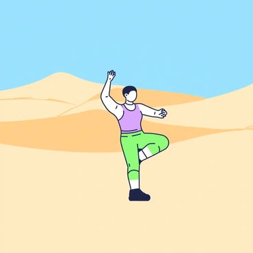 A person is performing a burpee in the desert, surrounded by expansive sand dunes that rise and fall in gentle waves. The individual is dressed in athletic wear, with their body in motion, showcasing the effort of the exercise. In the background, the bright blue sky stretches overhead, providing a striking contrast to the warm tones of the sand. The sun casts defined shadows on the ground, emphasizing the contours of the dunes and the figure's dynamic posture.