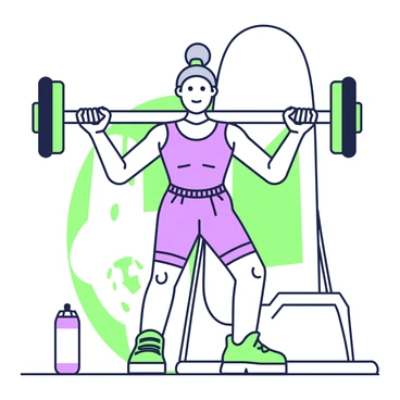 An elderly person is standing in a gym, confidently performing barbell curls. They have gray hair tied back in a ponytail and wear a fitted tank top and shorts. The individual has a focused expression, showcasing determination as they lift the barbell with both hands. Weights are visible on each end of the barbell. In the background, there are gym equipment and a large mirror reflecting the scene. A water bottle rests on the floor nearby.