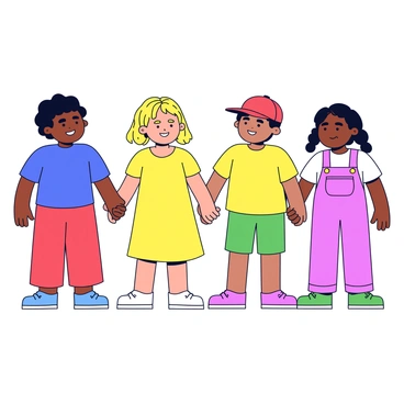 A group of five diverse children standing together, each representing different ethnic backgrounds. They are holding hands, creating a circle to symbolize unity. The children have distinct hairstyles: one has curly black hair, another has straight brown hair, a third has wavy blonde hair, a fourth has short red hair, and the last has braids. Each child is wearing colorful clothing: one is in a blue t-shirt, another in a yellow dress, the third in green shorts, the fourth in a red cap, and the last in pink overalls. They are all smiling, exuding a sense of joy and togetherness.