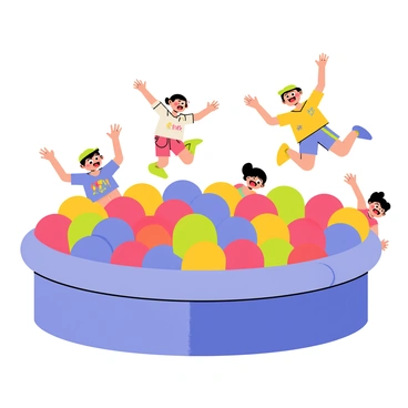 A group of children joyfully diving into a large ball pit filled with multicolored balls. The ball pit is overflowing with vibrant red, blue, yellow, and green balls. Some children are mid-air, arms outstretched and laughing, while others are already submerged in the sea of balls. One child is wearing a bright yellow shirt, another has a green cap, and a third is sporting rainbow-colored shorts. The background features a playful, soft play area with bright colors and whimsical designs.