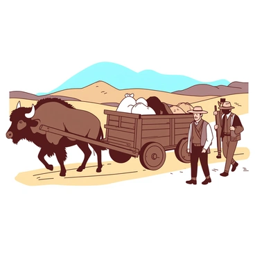 A brown buffalo is pulling a wooden cart along a dusty trail. The cart is filled with various supplies, such as sacks and tools. Next to the cart, a group of pioneers, dressed in rugged clothing, is walking. The pioneers are carrying walking sticks and some have hats to shield them from the sun. In the background, there are rolling hills and a clear blue sky, suggesting they are on a long journey. The buffalo is strong and steady, leading the way for the group.
