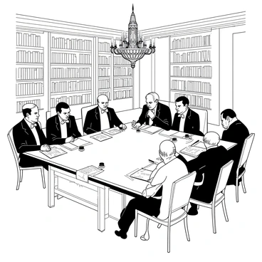 A group of delegates is sitting around a large wooden table. The table has a polished surface that reflects the light coming from an ornate chandelier above. Each delegate has a stack of papers, pens, and ink pots in front of them. Some delegates have their hands on their chins, deep in thought, while others are writing notes or discussing points with their neighbors. There are detailed maps and documents spread out on the table, hinting at the importance of their work. The room features grand, high ceilings, with bookshelves filled with historical texts lining the walls.