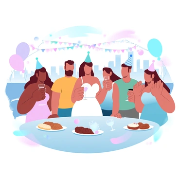 A group of friends is gathered at a vibrant rooftop party. They are surrounded by colorful decorations, including balloons and garlands, creating a festive atmosphere. The bride-to-be, wearing a beautiful white dress, is at the center, holding a sparkling drink. Her friends are dressed in bright outfits, some wearing party hats. There are various food platters and drinks on a stylish table nearby. In the background, a stunning city skyline is visible, adding to the celebratory ambiance.